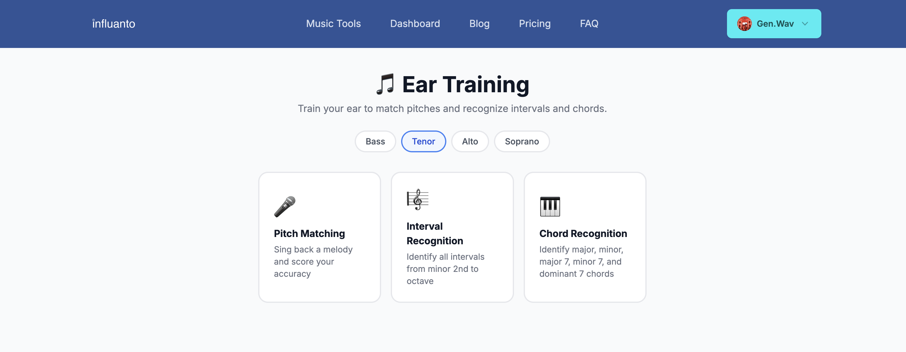 Ear Training tool on Influanto — interval, chord, and pitch matching exercises