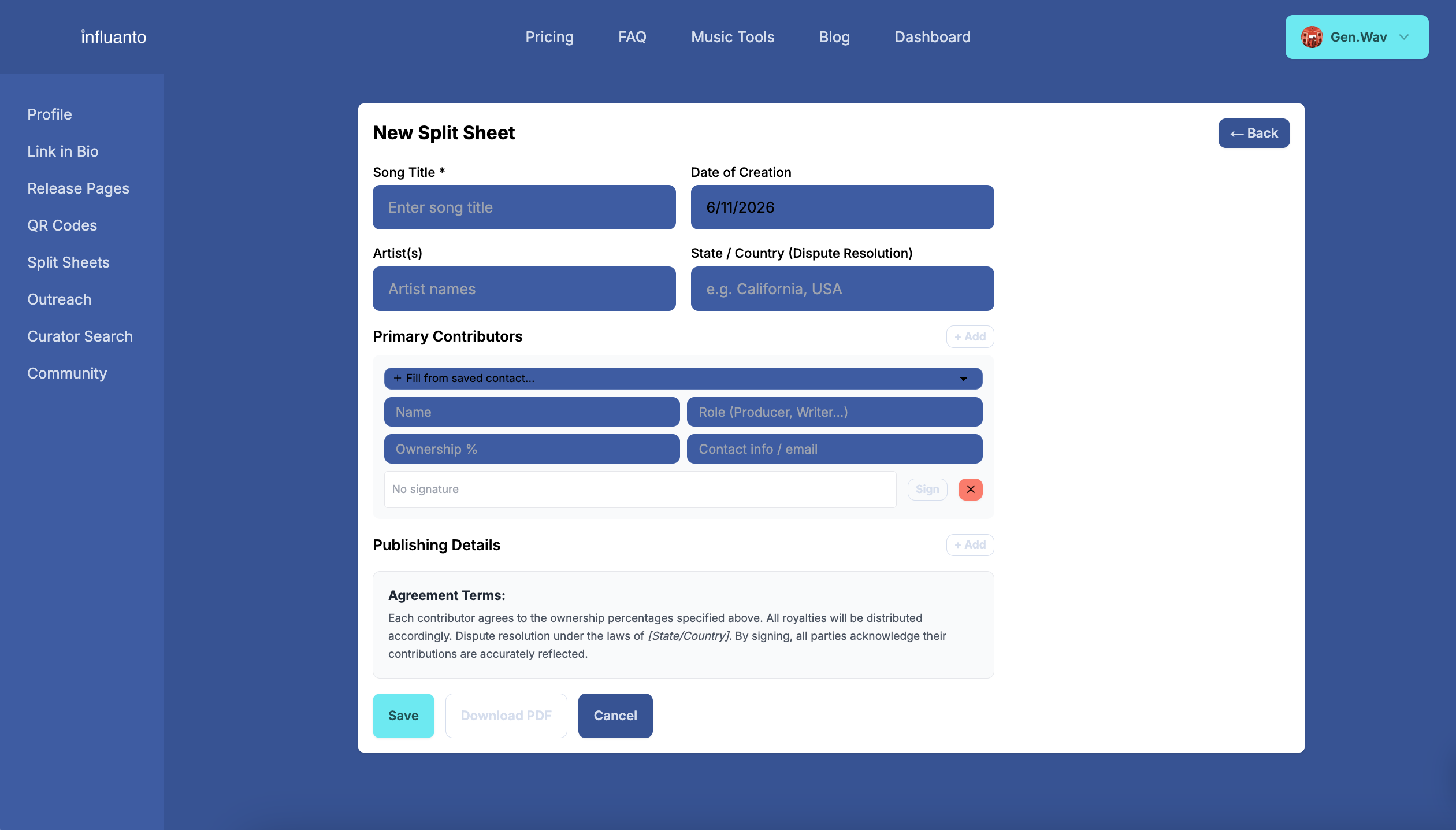 Creating a split sheet on Influanto