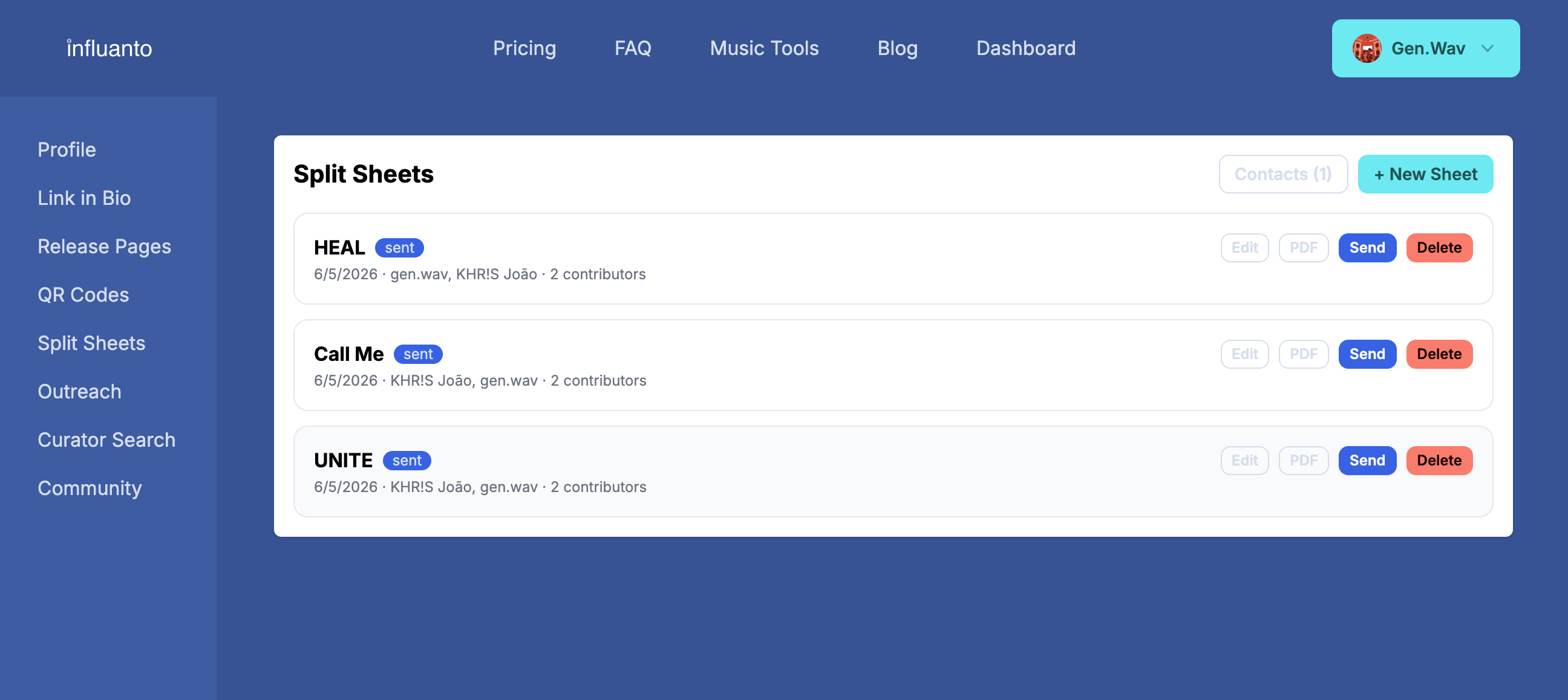 Split sheet dashboard on Influanto